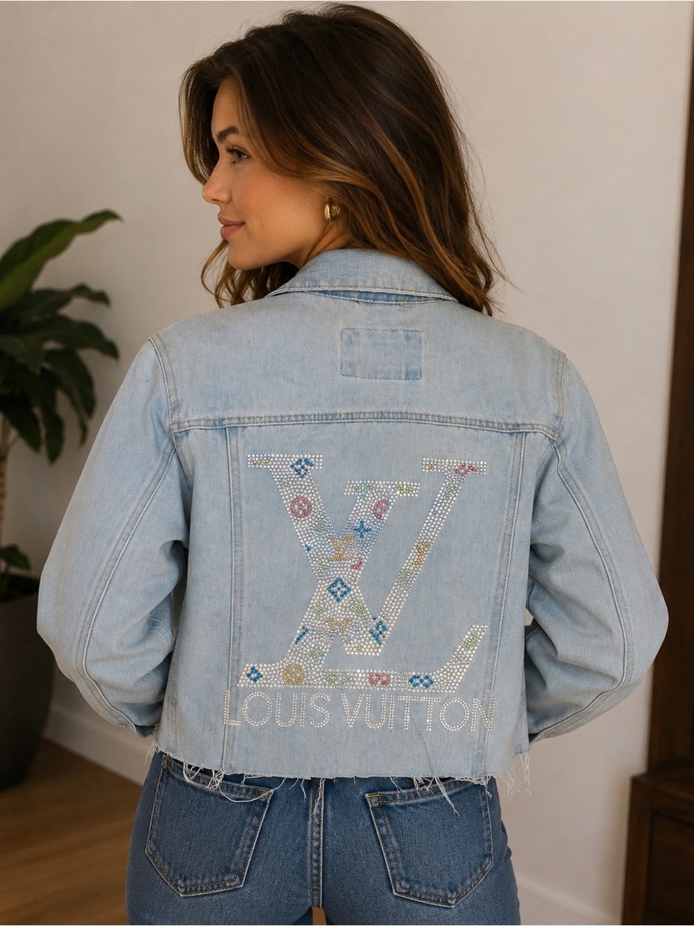 Custom Light Blue Jean Jacket with Rhinestone LV Logo by designer XoxoE 0026